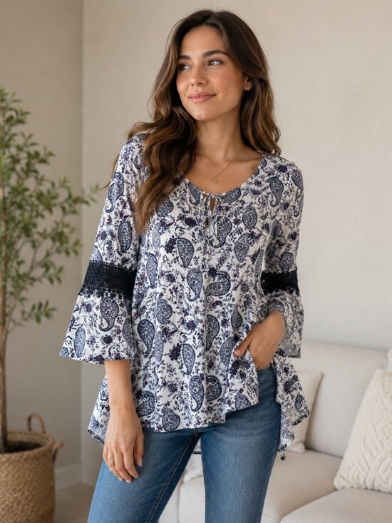 Robert Louis Tops - Boho Paisley Bell Sleeve Flowy Tunic Top XL NWT